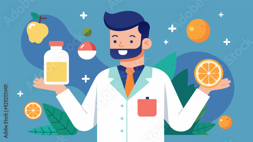 The pharmacist recommending a combination of different supplements such as vitamin C and zinc to boost the immune system and protect against colds and flu during the winter months.. Vector