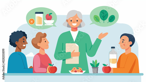 A dietitian leads a nutrition workshop for seniors discussing the importance of incorporating lean proteins and healthy fats into their meal planning for balanced nutrition.. Vector illustration