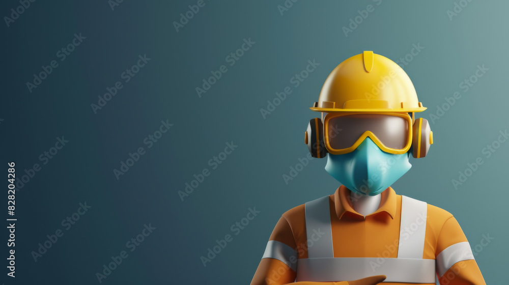 Digital illustration of a construction worker with helmet, mask, and goggles against a grey background. Digital illustration of a construction worker with helmet, mask, and goggles against a grey background.