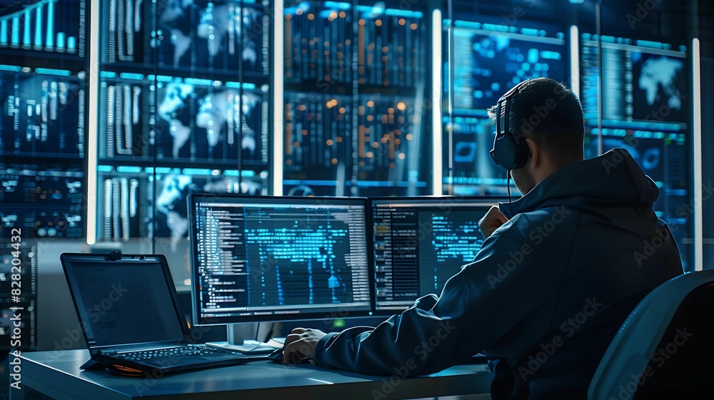 A dark room filled with computer screens A dark room filled with computer screens