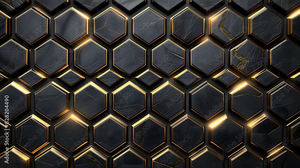 Luxury hexagonal abstract black metal background with golden light lines. Dark 3d geometric texture illustration. Luxury hexagonal abstract black metal background with golden light lines. Dark 3d geometric texture illustration.