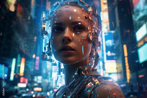 Futuristic human-robot hybrid in a neon-lit cityscape, embodying advanced AI technology and cybernetic integration. © KanitChurem