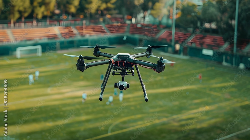 The hexacopter drone hovers above the soccer field The hexacopter drone hovers above the soccer field