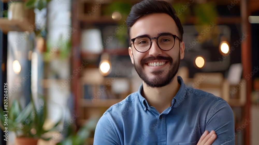 Fototapeta premium Cheerful Young Professional in Casual Office Setting Exuding Confidence and Success