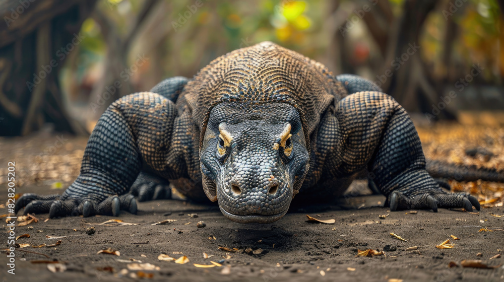 Obraz premium The entire body of a giant wild Komodo dragon walks on the ground against a backdrop of trees and forests
