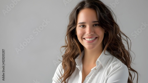 Confident and Friendly Young Professional Woman with Warm Smile Posing for Headshot in Modern Office Setting