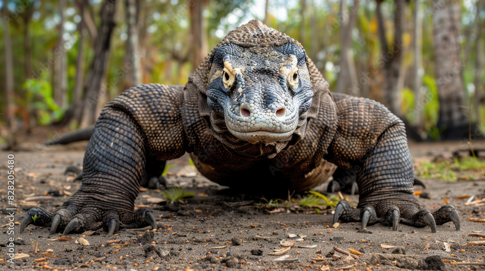 The entire body of a giant wild Komodo dragon walks on the ground against a backdrop of trees and forests created with Generative AI Technology The entire body of a giant wild Komodo dragon walks on the ground against a backdrop of trees and forests created with Generative AI Technology