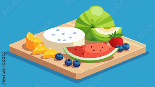 A refreshing dessert cheese board b with fresh fruit like watermelon kiwi and blueberries paired with tangy feta and a lightly whipped honey yogurt. Vector illustration