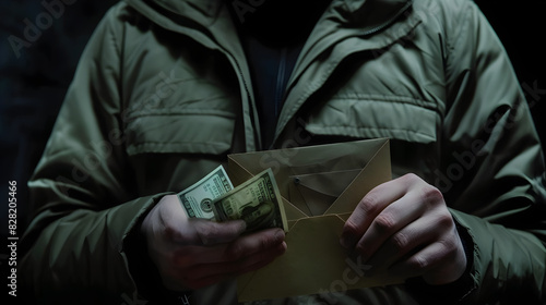 Man in black suit holding dollar banknotes with handcuffs on hands. Isolated over black studio background. Punishments because of corruption.
 photo