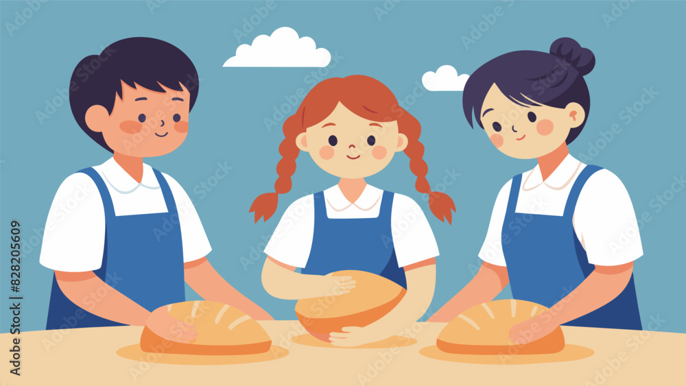 As they knead dough for homemade bread students are reminded to feel the texture of the flour and the warmth of their hands.. Vector illustration As they knead dough for homemade bread students are reminded to feel the texture of the flour and the warmth of their hands.. Vector illustration