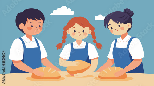 As they knead dough for homemade bread students are reminded to feel the texture of the flour and the warmth of their hands.. Vector illustration