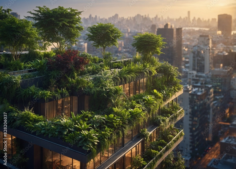 Fototapeta premium lush rooftop gardens that are perched above city skyscrapers, offering a green haven in the middle of the urban jungle and fresh air. environmentally friendly, sustainable construction. Eco-friendly c