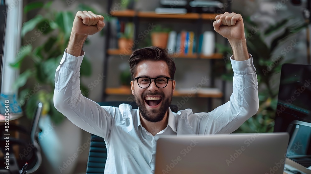 Obraz premium Energetic Young Professional Celebrates Accomplishments at Modern Desk