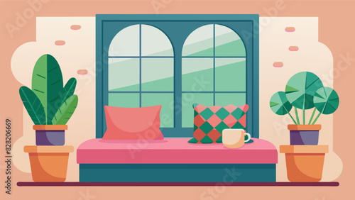 A quaint window seat adorned with plush cushions and surrounded by potted plants the perfect spot for savoring a warm cup of tea and a sweet treat.. Vector illustration