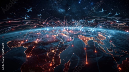 Global Air Routes: Capture a map displaying global air routes with interconnected lines, airplanes in flight, and major hubs highlighted. 