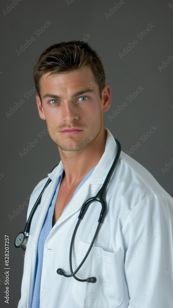 Handsome Caucasian middle-aged blue eyes male model dressed as a doctor in white clothes and stethoscope around neck Handsome Caucasian middle-aged blue eyes male model dressed as a doctor in white clothes and stethoscope around neck