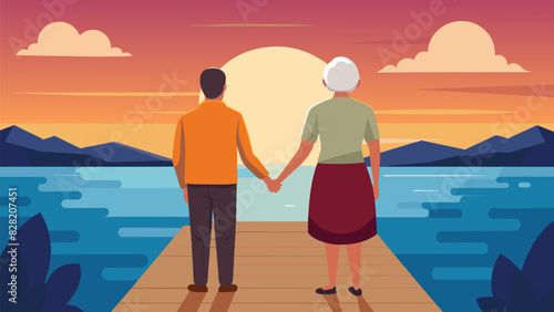 An elderly man and woman holding hands and gazing at the sunset from a beachside dock.. Vector illustration