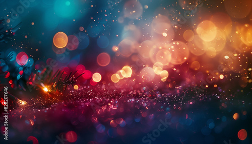 Enchanting christmas day background with a vibrant display of red, blue, and golden bokeh lights, creating a magical and festive holiday ambiance suitable for a variety of uses