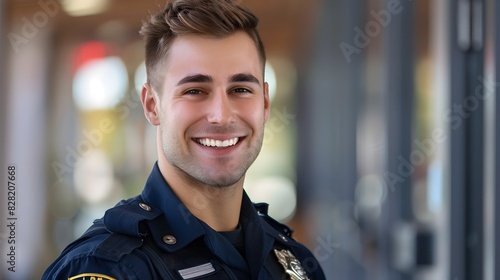 Happy and Confident Young Police Officer in Uniform Posing for Portrait photo