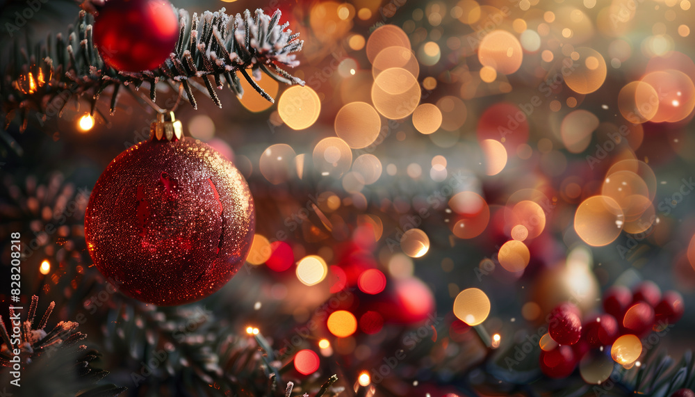 Close-up shot of a sparkling red christmas ornament hanging on a tree adorned with a pinecone and fir branches, set against a bokeh light background that creates a cozy holiday atmosphere Close-up shot of a sparkling red christmas ornament hanging on a tree adorned with a pinecone and fir branches, set against a bokeh light background that creates a cozy holiday atmosphere