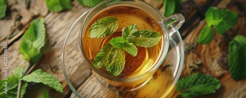 Healthy drinks, Close-up of a glass cup of tea with mint leaves on top, sitting on a wooden table.