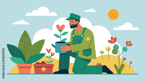 A veteran suffering from PTSD finds a sense of calm and purpose in his daily routine of caring for the plants in his therapy garden.. Vector illustration