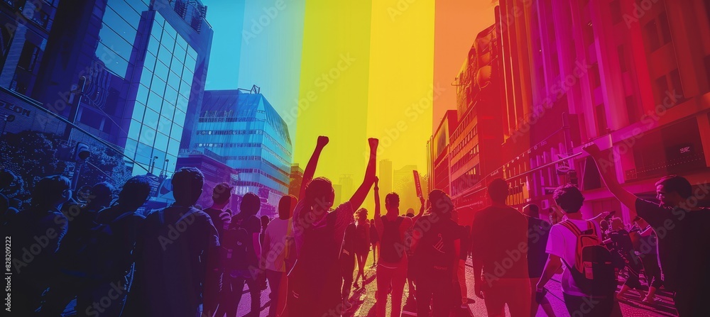 Fototapeta premium Silhouette crowd people at LBGT festival parade. Trans gay lesbian gender equality movement symbol. Generative AI technology. 