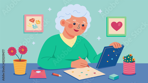 A woman in her 60s happily decorating a photo frame with glitter and stickers at a crafting club.. Vector illustration
