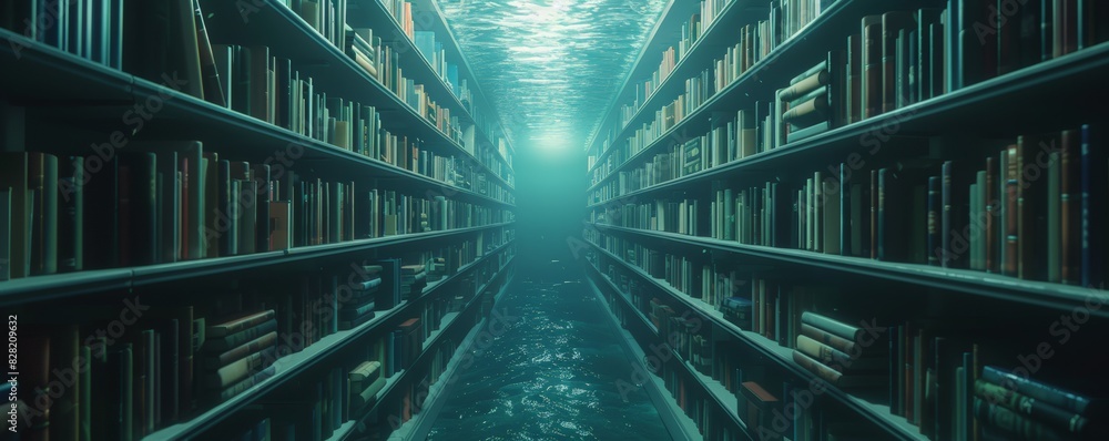Surreal underwater library with endless bookshelves and a glowing light creating a mysterious atmosphere. Surreal underwater library with endless bookshelves and a glowing light creating a mysterious atmosphere.