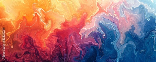 Vibrant abstract art with swirling colors blending seamlessly from warm oranges and reds to cool blues and purples, creating a mesmerizing effect.