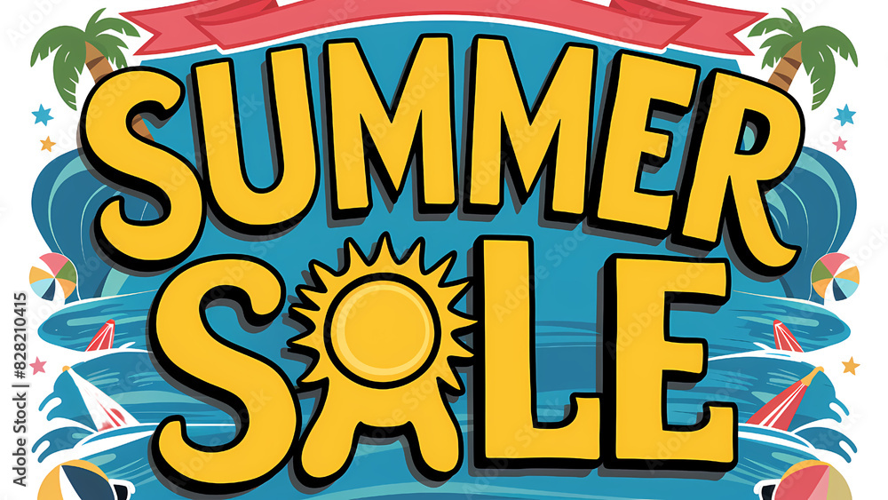 Obraz premium Retro and Colorful of Summer Sale Text Typography Design on The Beach Background with Copy Space Area.