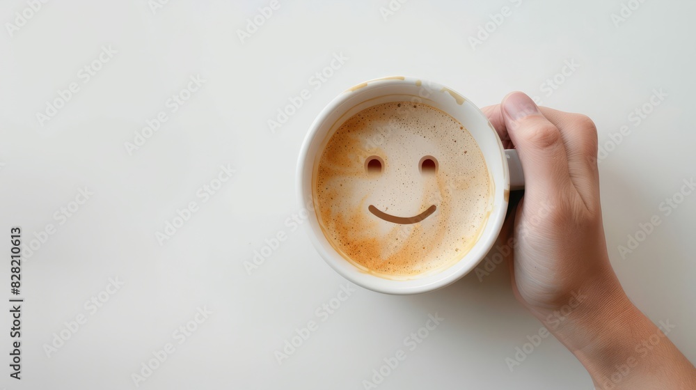 Holding a cup of coffee in one hand, the emotional expression of coffee, with a smiling face on a white background, the concept describes feelings of sadness and depression in the morning or at the en Holding a cup of coffee in one hand, the emotional expression of coffee, with a smiling face on a white background, the concept describes feelings of sadness and depression in the morning or at the en