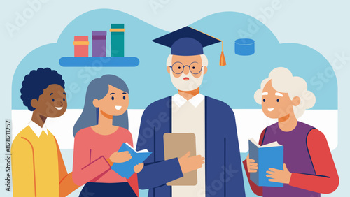 At a university an intergenerational meeting of students and seniors takes place to discuss ways to empower older adults and promote their voices in policymaking.. Vector illustration
