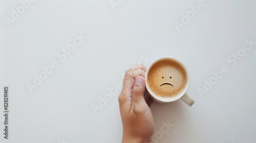 Holding a cup of coffee in one hand, the emotional expression of coffee, with a smiling face on a white background, the concept describes feelings of sadness and depression in the morning or at the en