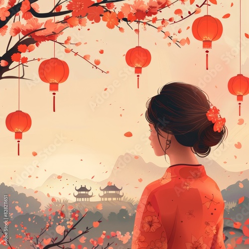 Woman in traditional attire admiring red lanterns and blossoms in an oriental landscape, evoking cultural and serene ambiance.