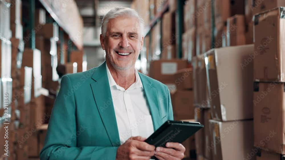 Man, tablet and warehouse for logistics, checklist and ecommerce for wholesale supplier. Mature inspector, smile and digital app for online business, retail or freight distribution or quality control Man, tablet and warehouse for logistics, checklist and ecommerce for wholesale supplier. Mature inspector, smile and digital app for online business, retail or freight distribution or quality control