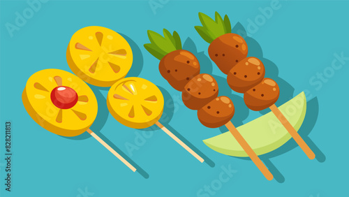 Indulge in the flavors of the Caribbean with mini jerk chicken skewers plantain chips and saltfish fritters inspired by the lively street food culture. Vector illustration