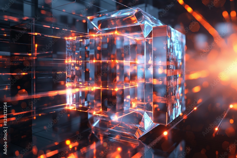 An intricate 3D firewall icon made of transparent glass, with light refracting through it against a cyber-themed background.