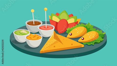 This snack platter is a fusion of street food favorites featuring crispy samosas cheesy quesadillas and flavorful kebabs.. Vector illustration
