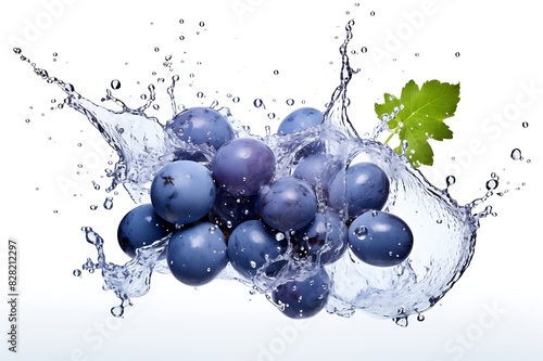 Fresh Blue grapes and splash of water on white background