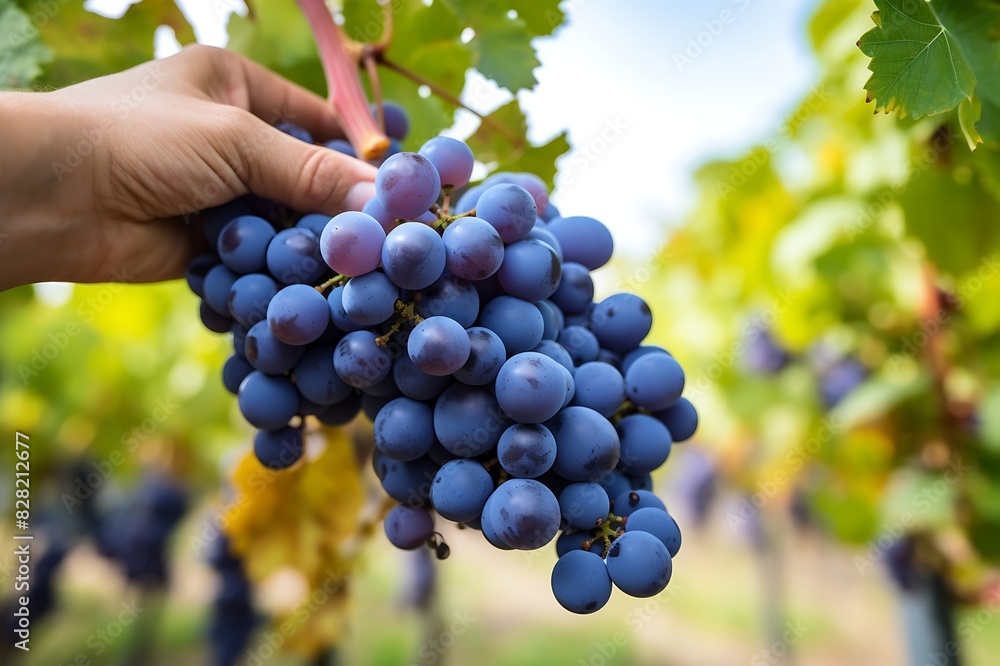 Fototapeta premium Hand picking ripe Blue grapes from Blue grapes orchard