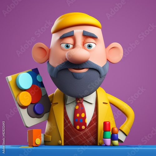 3D illustration of a cartoon artist holding a palette and colors in a vibrant setting with a purple background.
