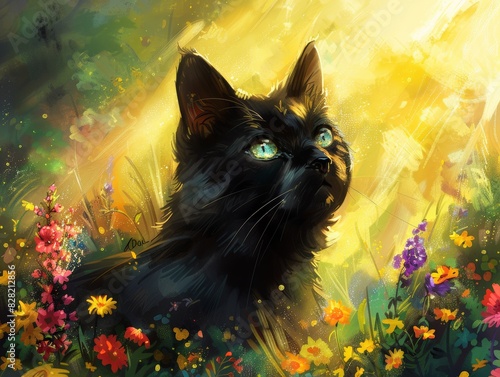 A black cat with green eyes sits among colorful flowers, basking in sunlight, creating a serene and enchanting scene.