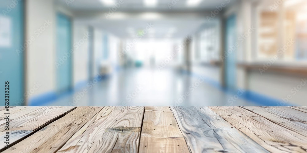 Empty wood plank board with blur hospital background, white scene Empty wood plank board with blur hospital background, white scene