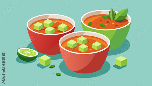 A refreshing cold gazpacho soup served in small cups topped with a sprinkle of diced cucumbers and croutons for added crunch.. Vector illustration