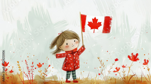 Canadian Pride: Young Girl Waving Flag in Lush Field. A child's drawing on a white background