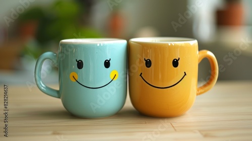 Two couple Cups with smiley faces on a desk. International Friendship Day Concept.