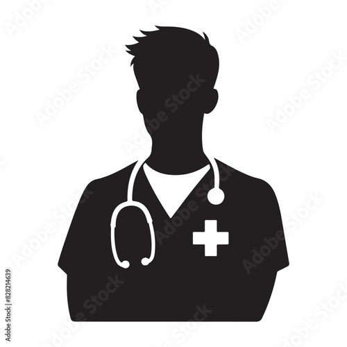 Male nurse icon. Silhouette of Medical Professional With Stethoscope in Hospital Uniform photo