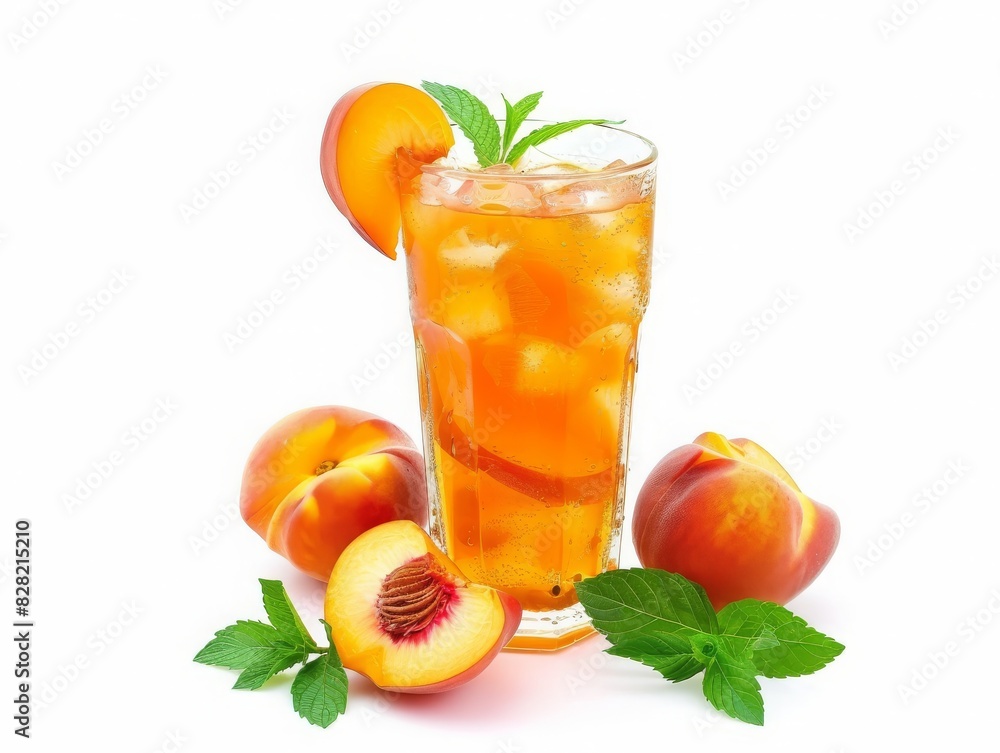 Refreshing peach iced tea in a clear glass with peach slices and mint leaves, isolated on a white background Refreshing peach iced tea in a clear glass with peach slices and mint leaves, isolated on a white background