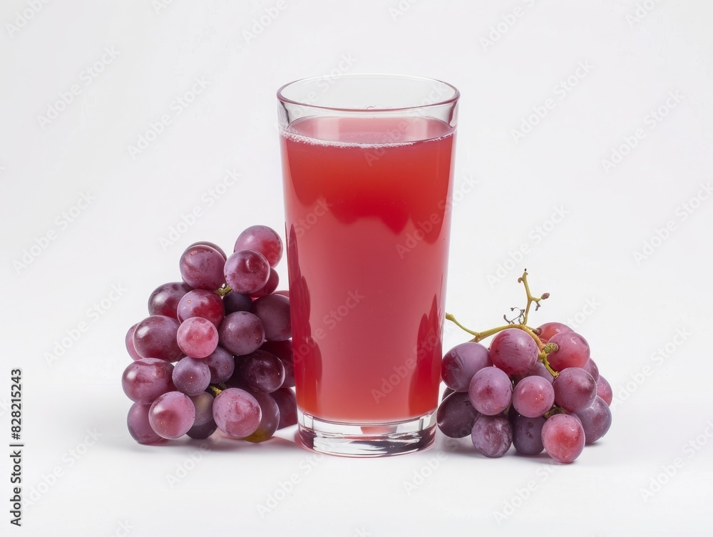 Cold grape juice in a clear glass with bunches of grapes placed around, isolated on a white background, highlighting its natural sweetness Cold grape juice in a clear glass with bunches of grapes placed around, isolated on a white background, highlighting its natural sweetness